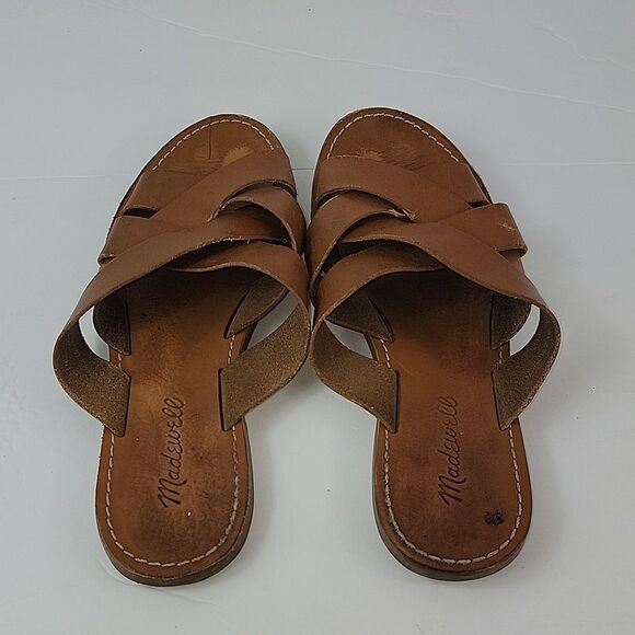 Madewell Boardwalk Woven Brown Leather Slide Women's Sandals - Picture 10 of 14